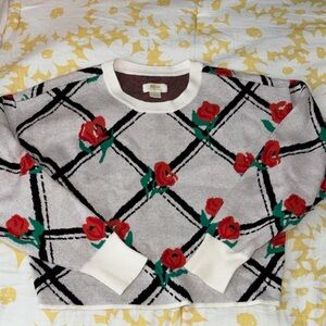 Maeve Gray Crewneck Sweater with Red Rose Pattern